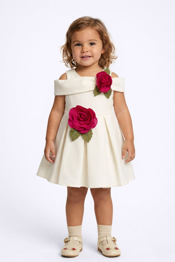 3D Rose Structured Party Dress (Offwhite)