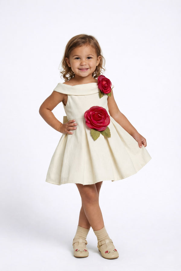 3D Rose Structured Party Dress (Offwhite)