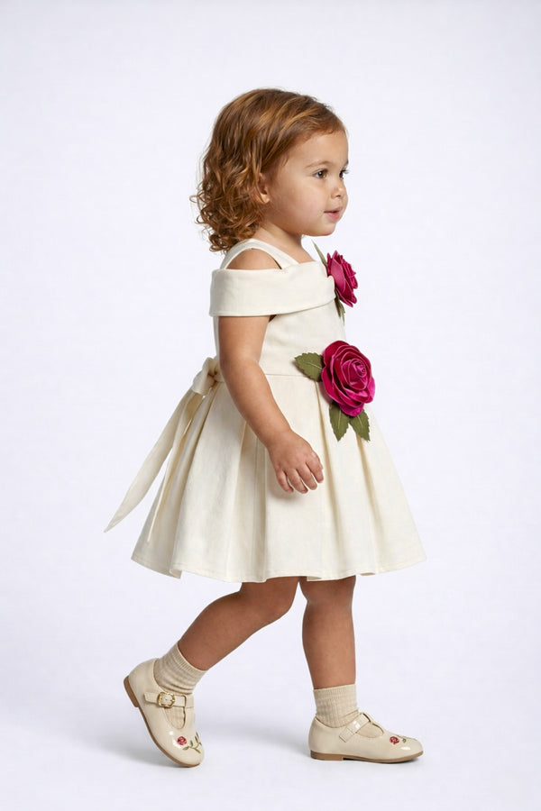3D Rose Structured Party Dress (Offwhite)
