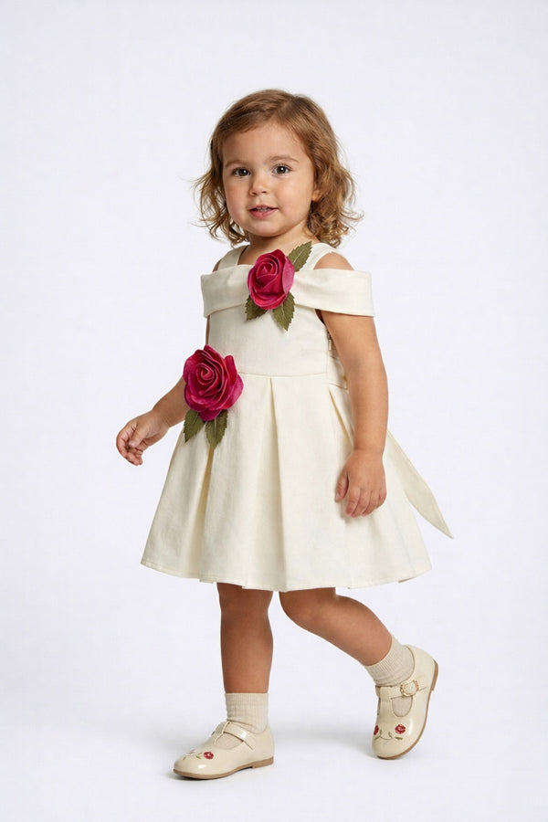 3D Rose Structured Party Dress (Offwhite)