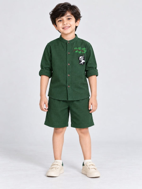 Boys Green Embroidered Cotton Linen Shirt & Shorts Co-ord Set - Pogoloom
