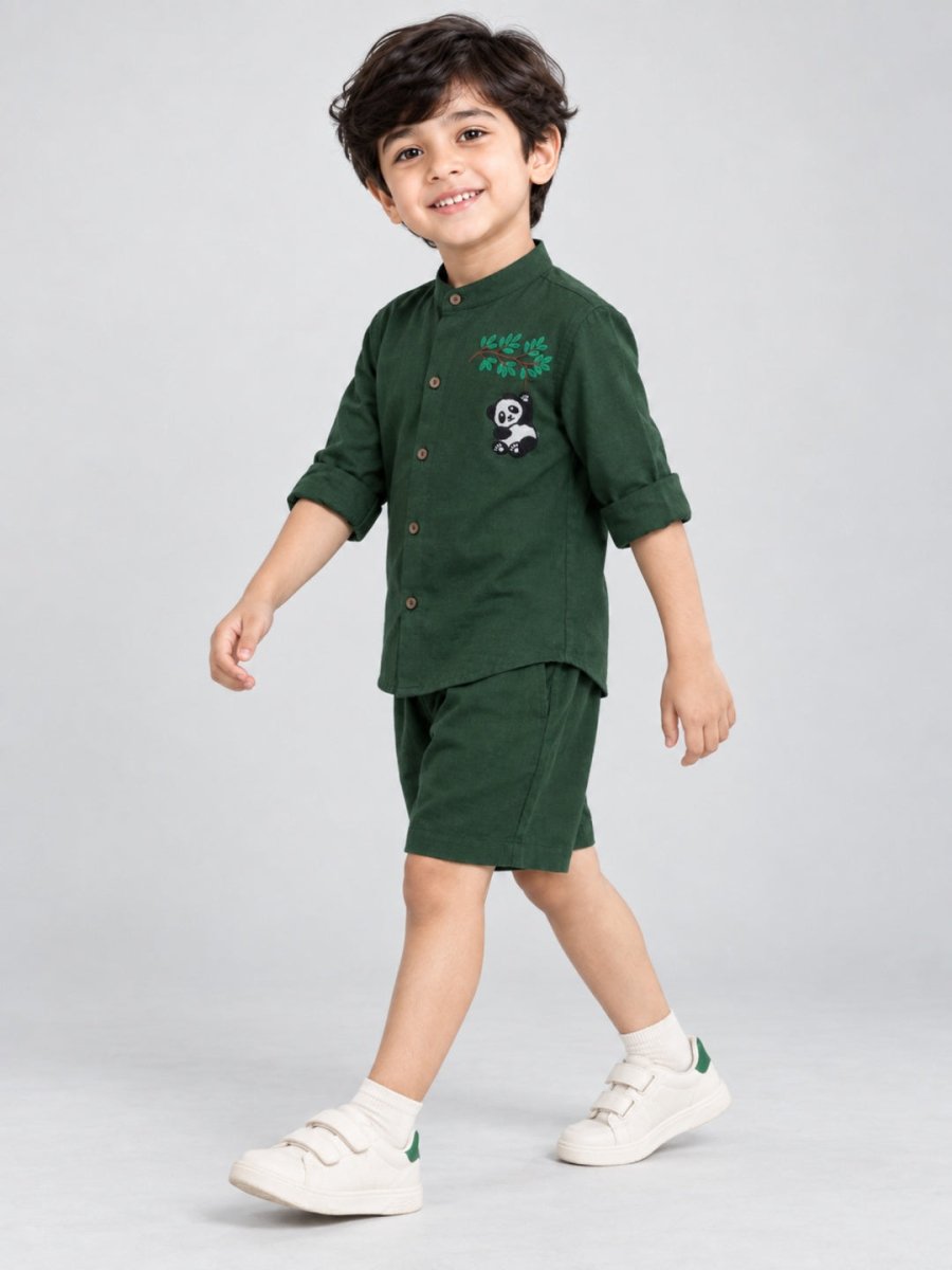 Boys Green Embroidered Cotton Linen Shirt & Shorts Co-ord Set - Pogoloom