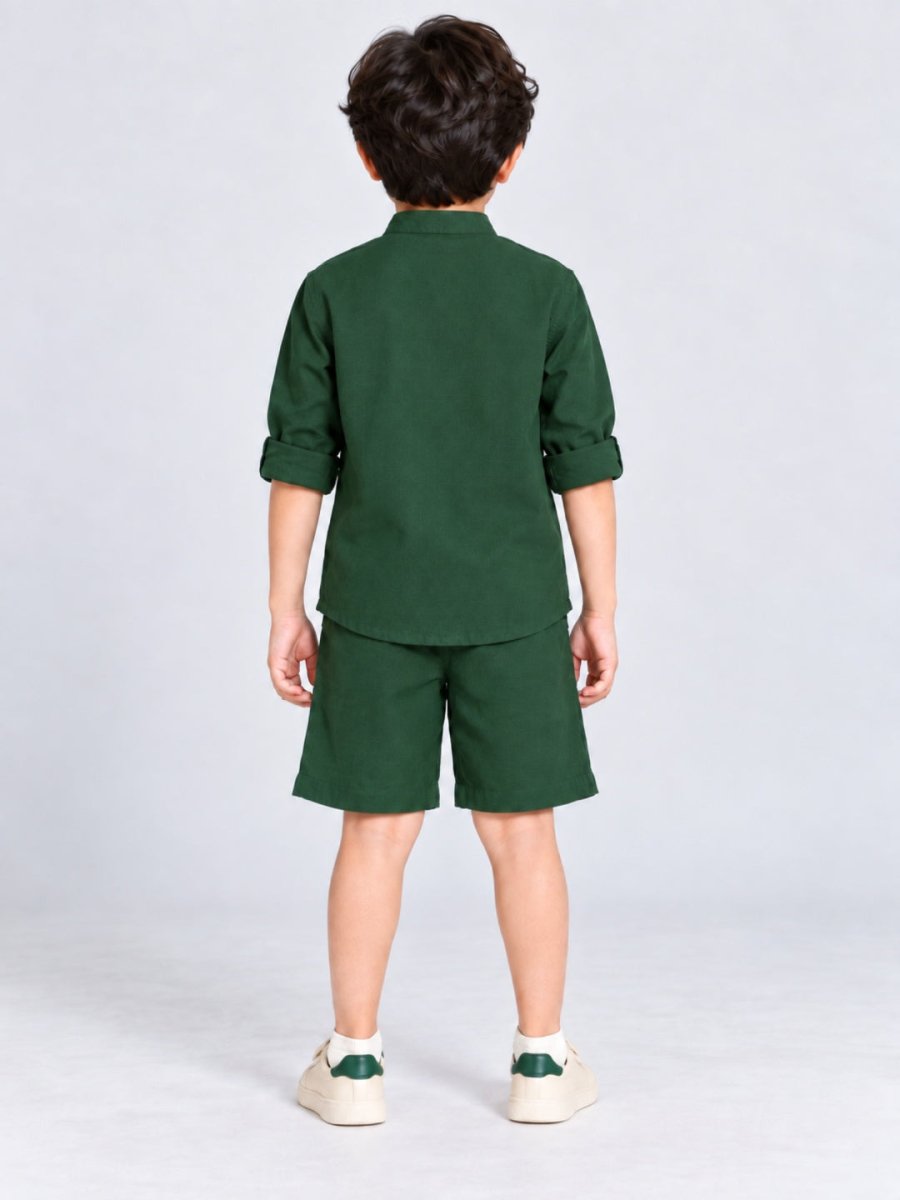 Boys Green Embroidered Cotton Linen Shirt & Shorts Co-ord Set - Pogoloom