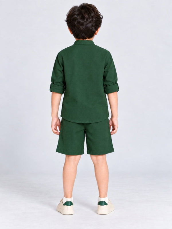 Boys Green Embroidered Cotton Linen Shirt & Shorts Co-ord Set - Pogoloom