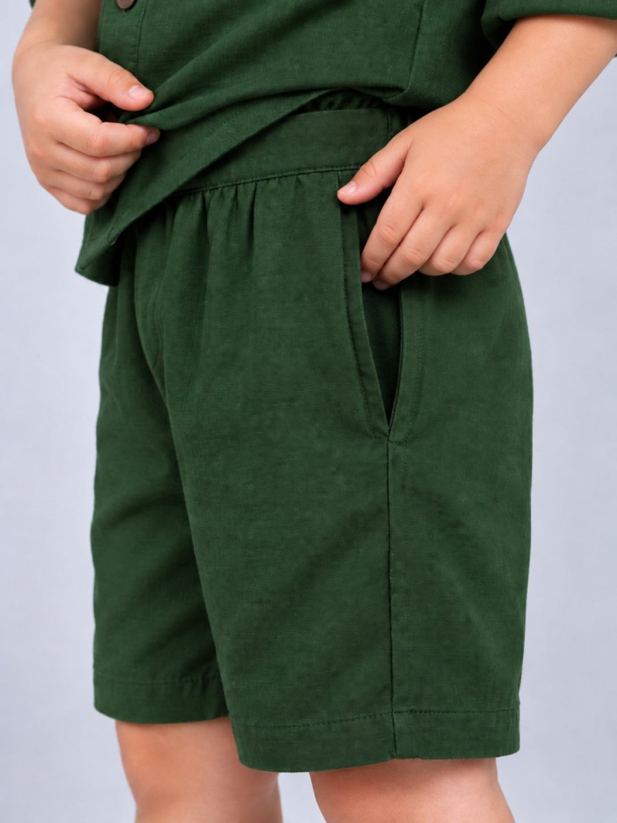 Boys Green Embroidered Cotton Linen Shirt & Shorts Co-ord Set - Pogoloom