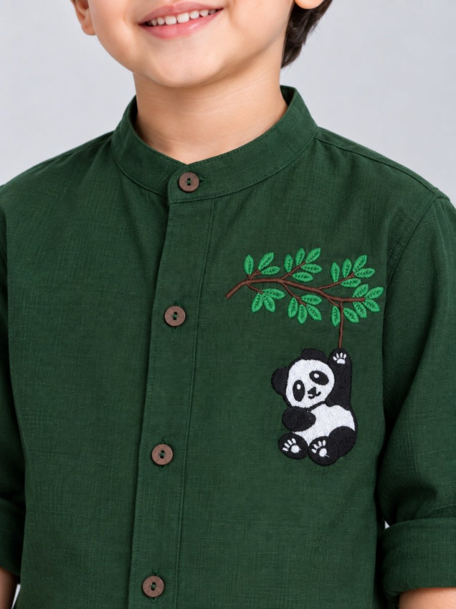 Boys Green Embroidered Cotton Linen Shirt & Shorts Co-ord Set - Pogoloom