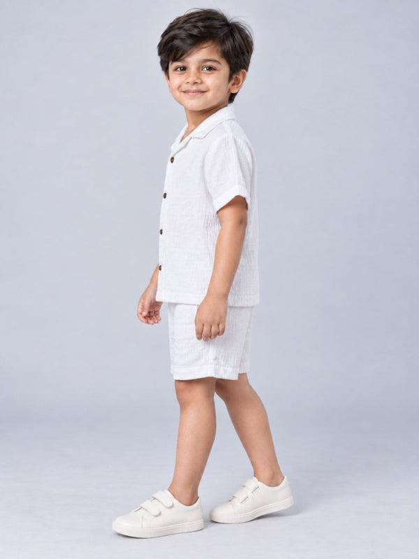 Boys White Bird Embroidered Cotton Muslin Shirt & Shorts Set - Pogoloom