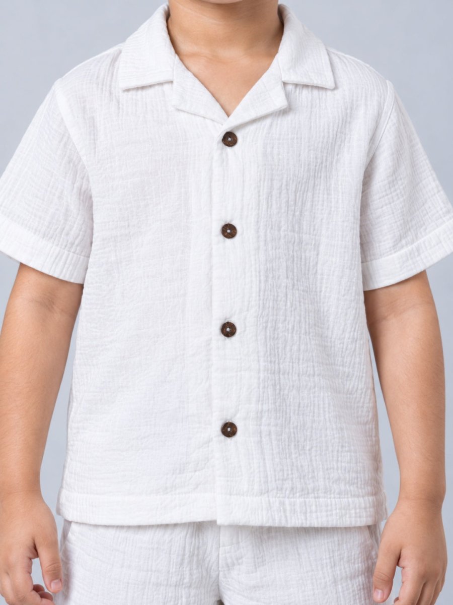 Boys White Bird Embroidered Cotton Muslin Shirt & Shorts Set - Pogoloom