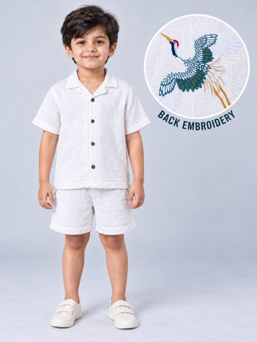 Boys White Bird Embroidered Cotton Muslin Shirt & Shorts Set - Pogoloom