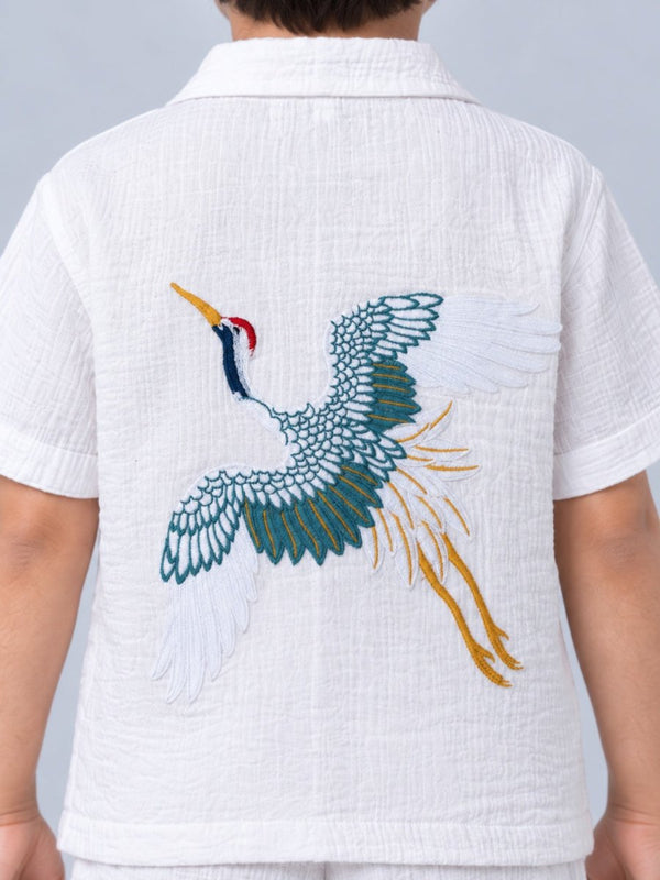 Boys White Bird Embroidered Cotton Muslin Shirt & Shorts Set - Pogoloom
