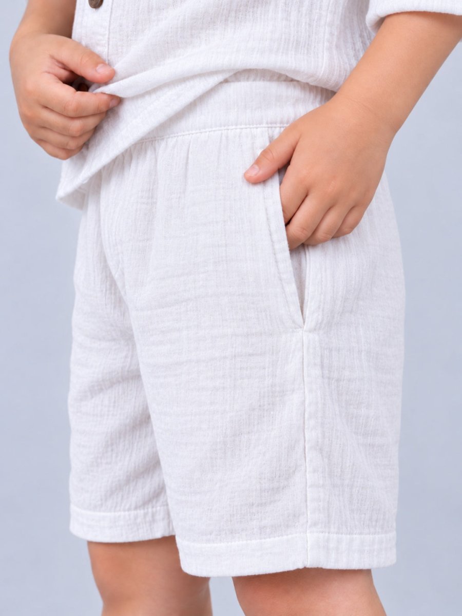 Boys White Bird Embroidered Cotton Muslin Shirt & Shorts Set - Pogoloom