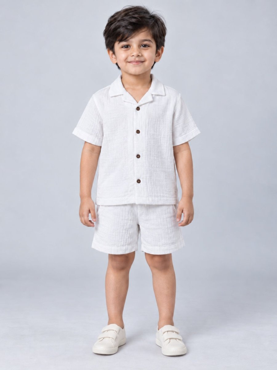 Boys White Bird Embroidered Cotton Muslin Shirt & Shorts Set - Pogoloom