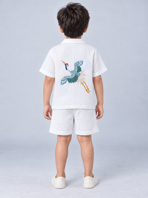 Boys White Bird Embroidered Cotton Muslin Shirt & Shorts Set - Pogoloom