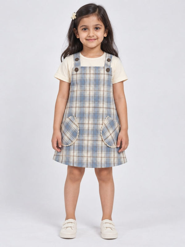 Girls Blue Checked Cotton Dungaree Dress & T-Shirt Set - Pogoloom