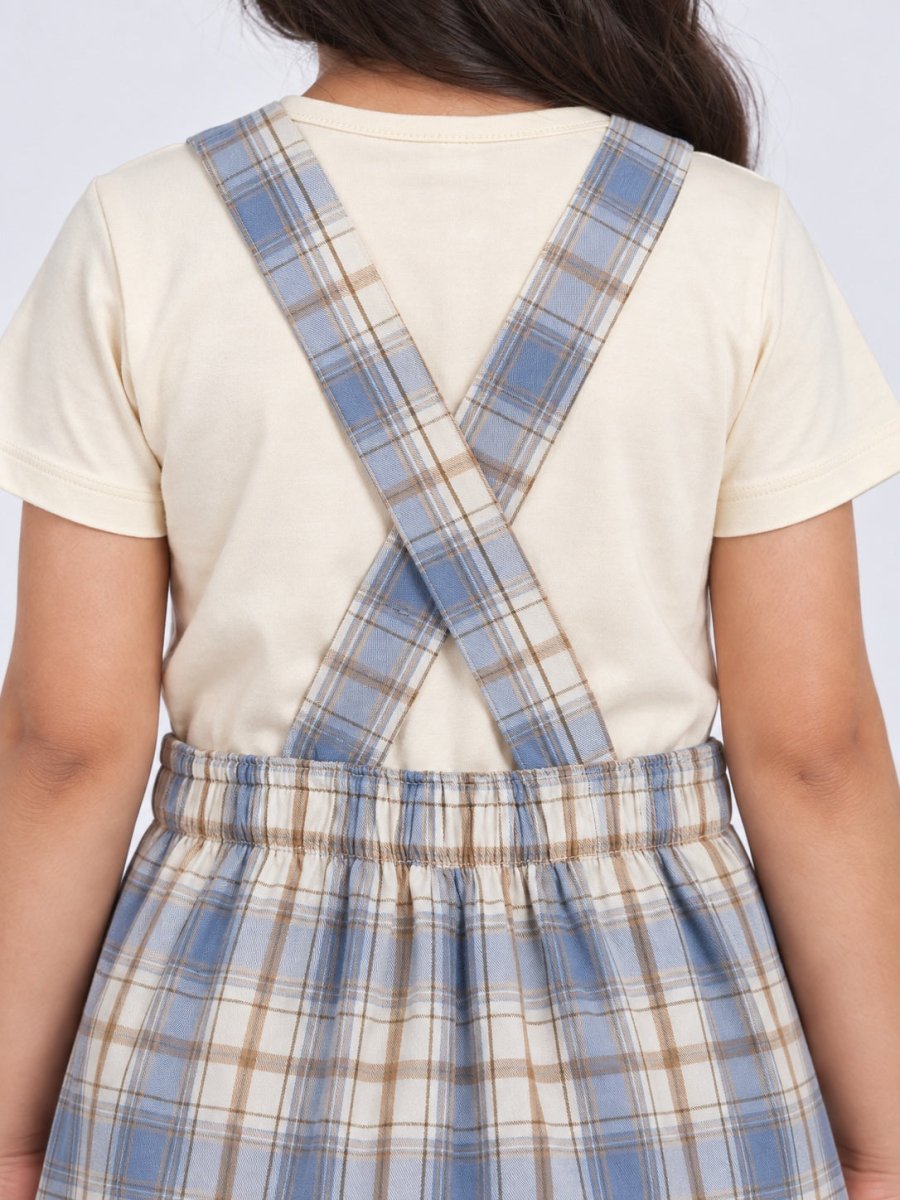 Girls Blue Checked Cotton Dungaree Dress & T-Shirt Set - Pogoloom