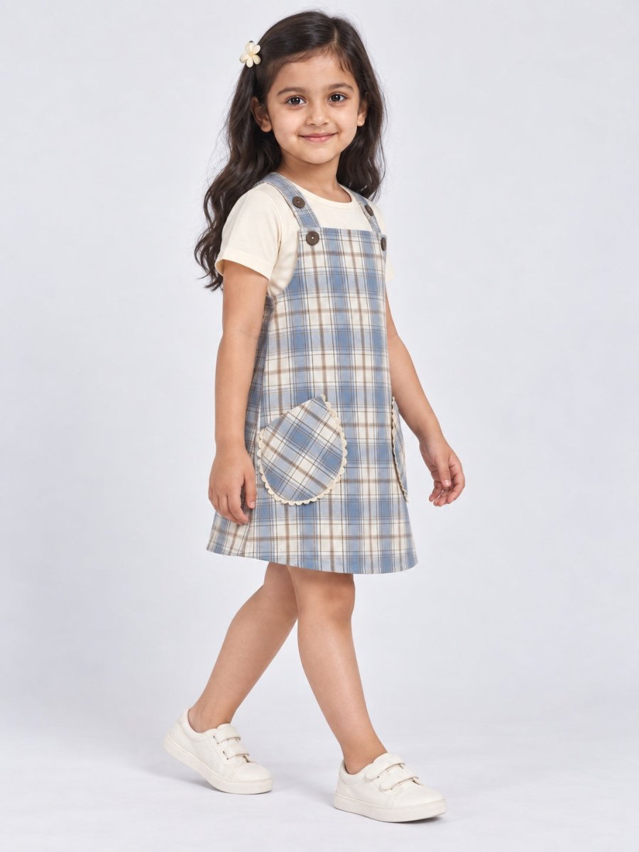 Girls Blue Checked Cotton Dungaree Dress & T-Shirt Set - Pogoloom