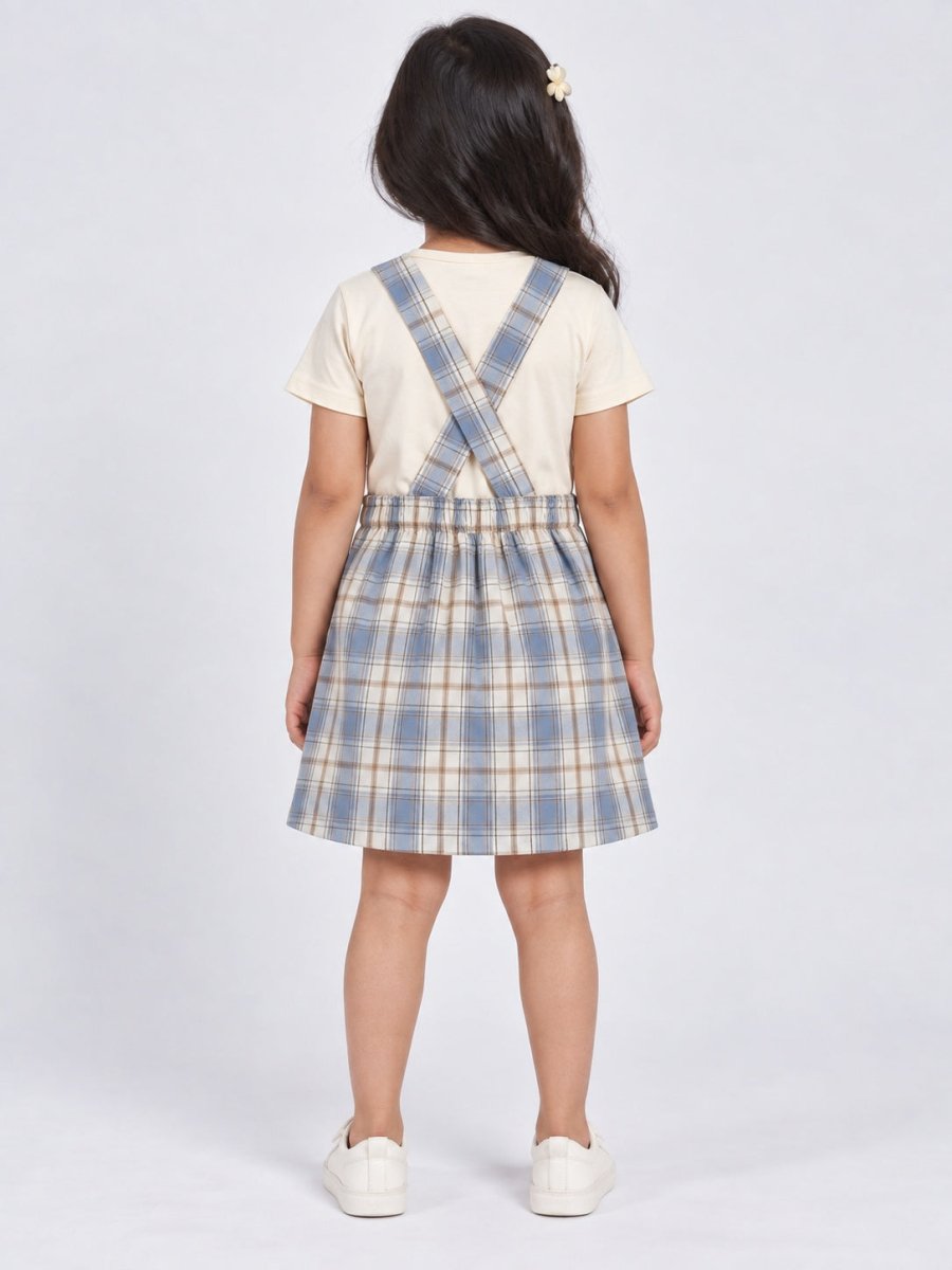 Girls Blue Checked Cotton Dungaree Dress & T-Shirt Set - Pogoloom