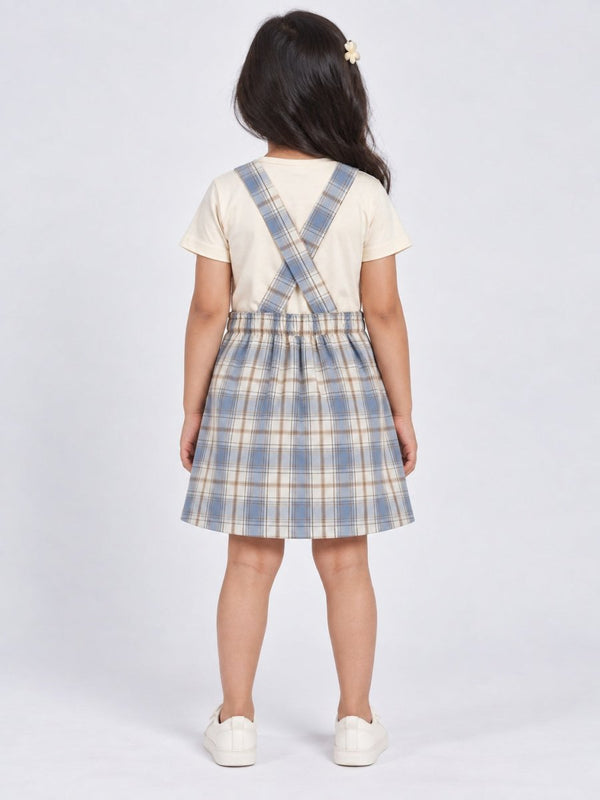 Girls Blue Checked Cotton Dungaree Dress & T-Shirt Set - Pogoloom