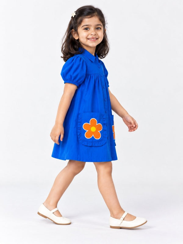 Girls Blue Embroidered Cotton Poplin Shirt Dress - Pogoloom
