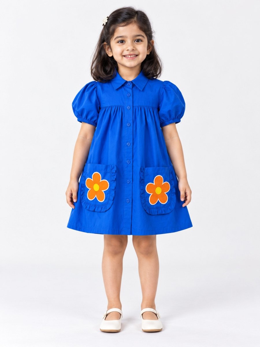 Girls Blue Embroidered Cotton Poplin Shirt Dress - Pogoloom