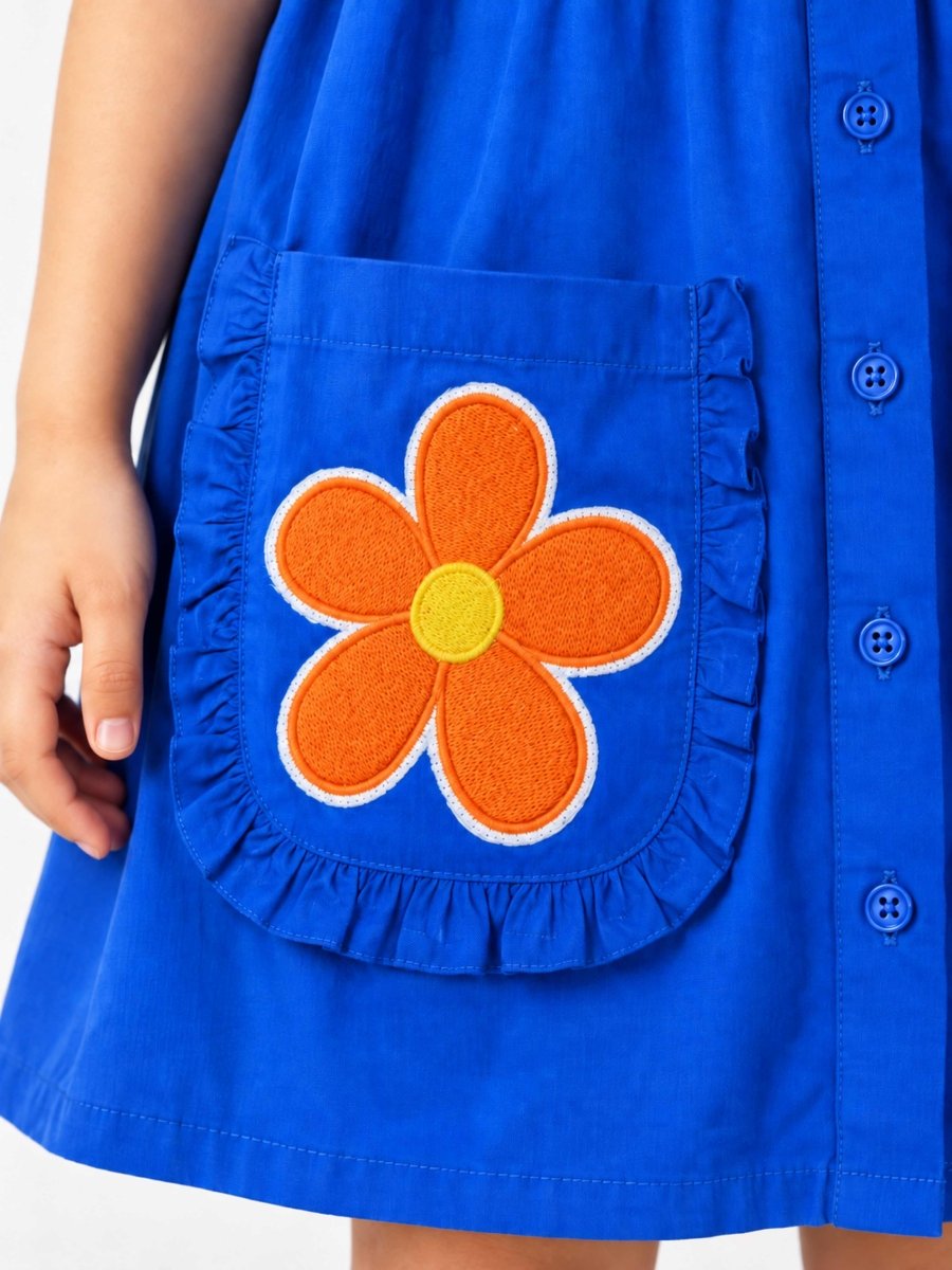 Girls Blue Embroidered Cotton Poplin Shirt Dress - Pogoloom