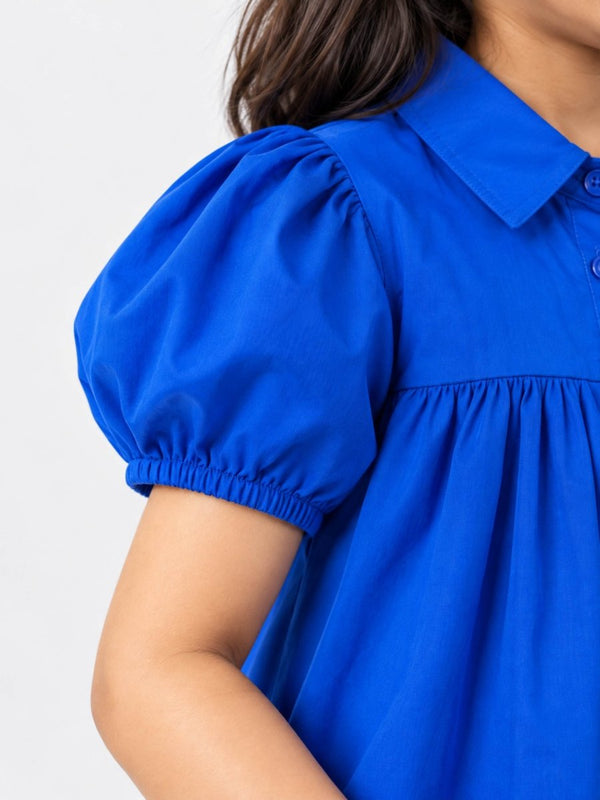 Girls Blue Embroidered Cotton Poplin Shirt Dress - Pogoloom