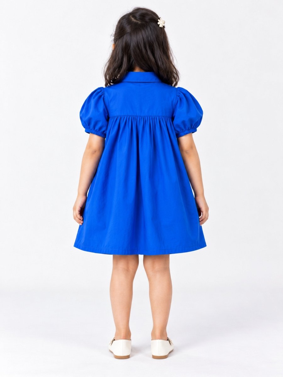 Girls Blue Embroidered Cotton Poplin Shirt Dress - Pogoloom
