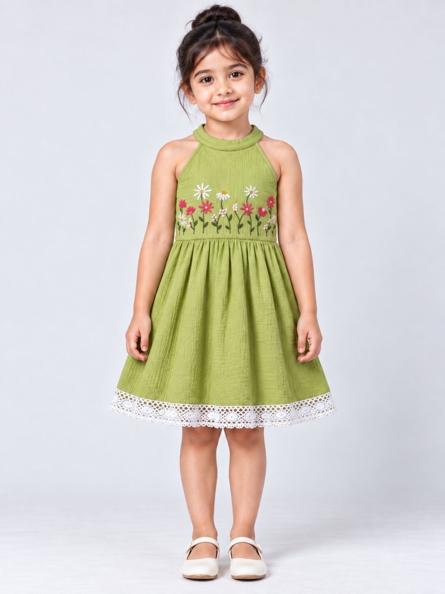 Girls Green Embroidered Cotton Muslin Halter Neck Dress - Pogoloom