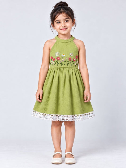 Girls Green Embroidered Cotton Muslin Halter Neck Dress - Pogoloom