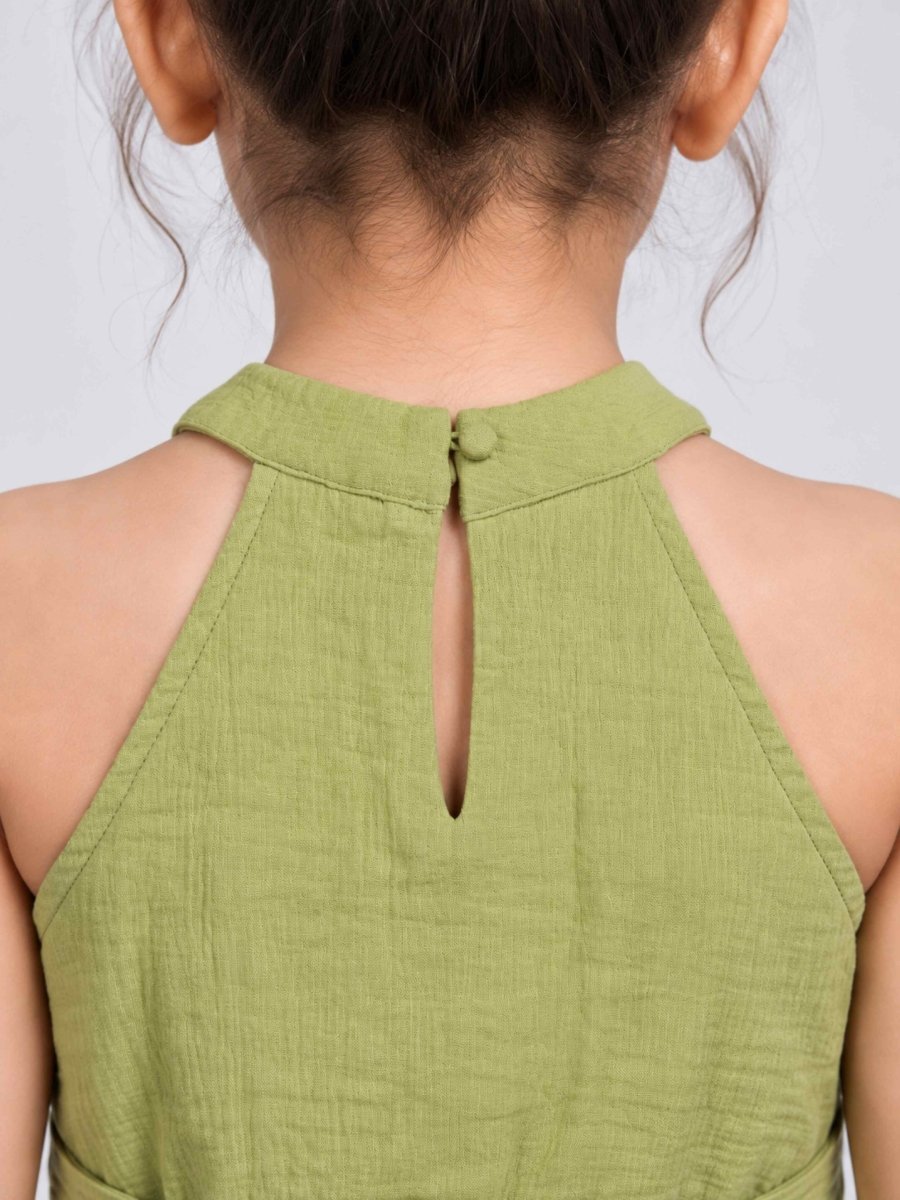 Girls Green Embroidered Cotton Muslin Halter Neck Dress - Pogoloom