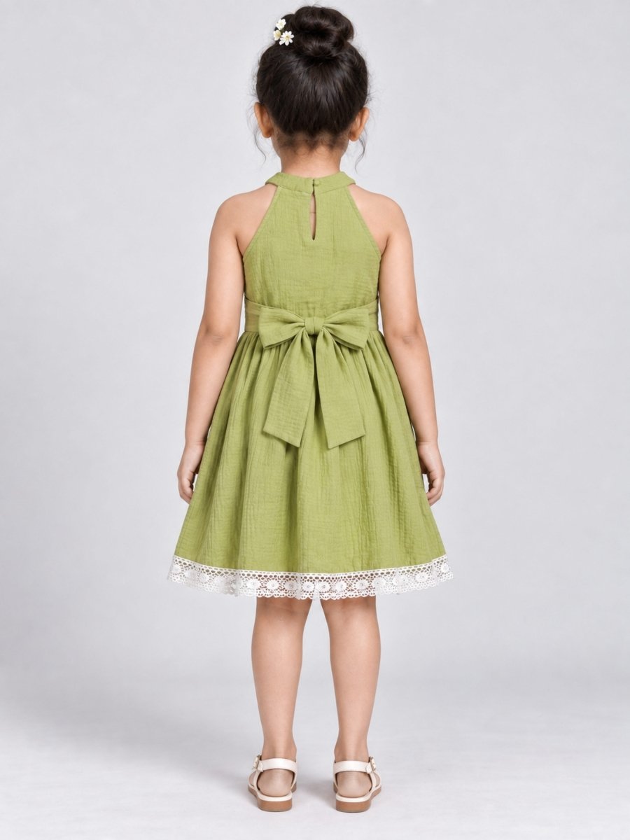 Girls Green Embroidered Cotton Muslin Halter Neck Dress - Pogoloom
