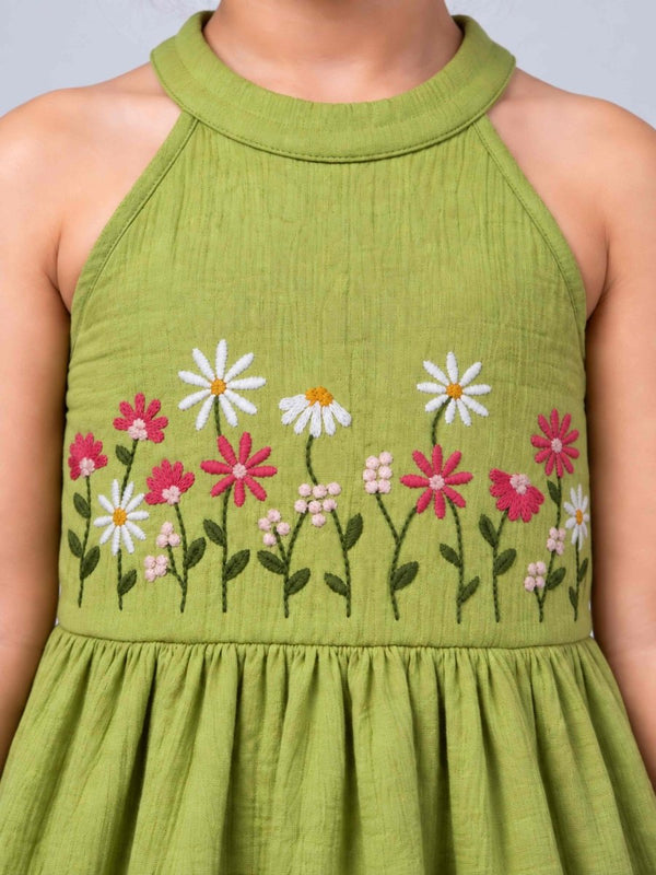 Girls Green Embroidered Cotton Muslin Halter Neck Dress - Pogoloom
