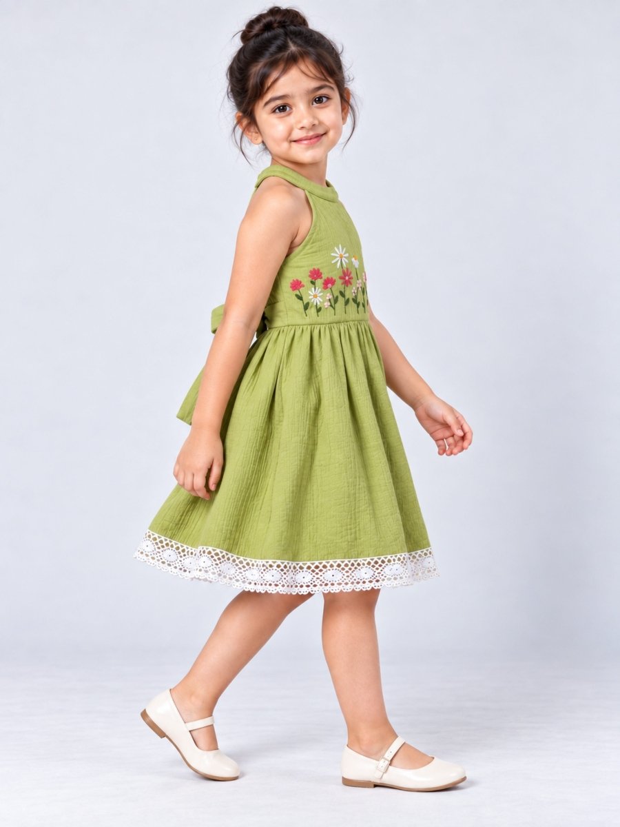 Girls Green Embroidered Cotton Muslin Halter Neck Dress - Pogoloom