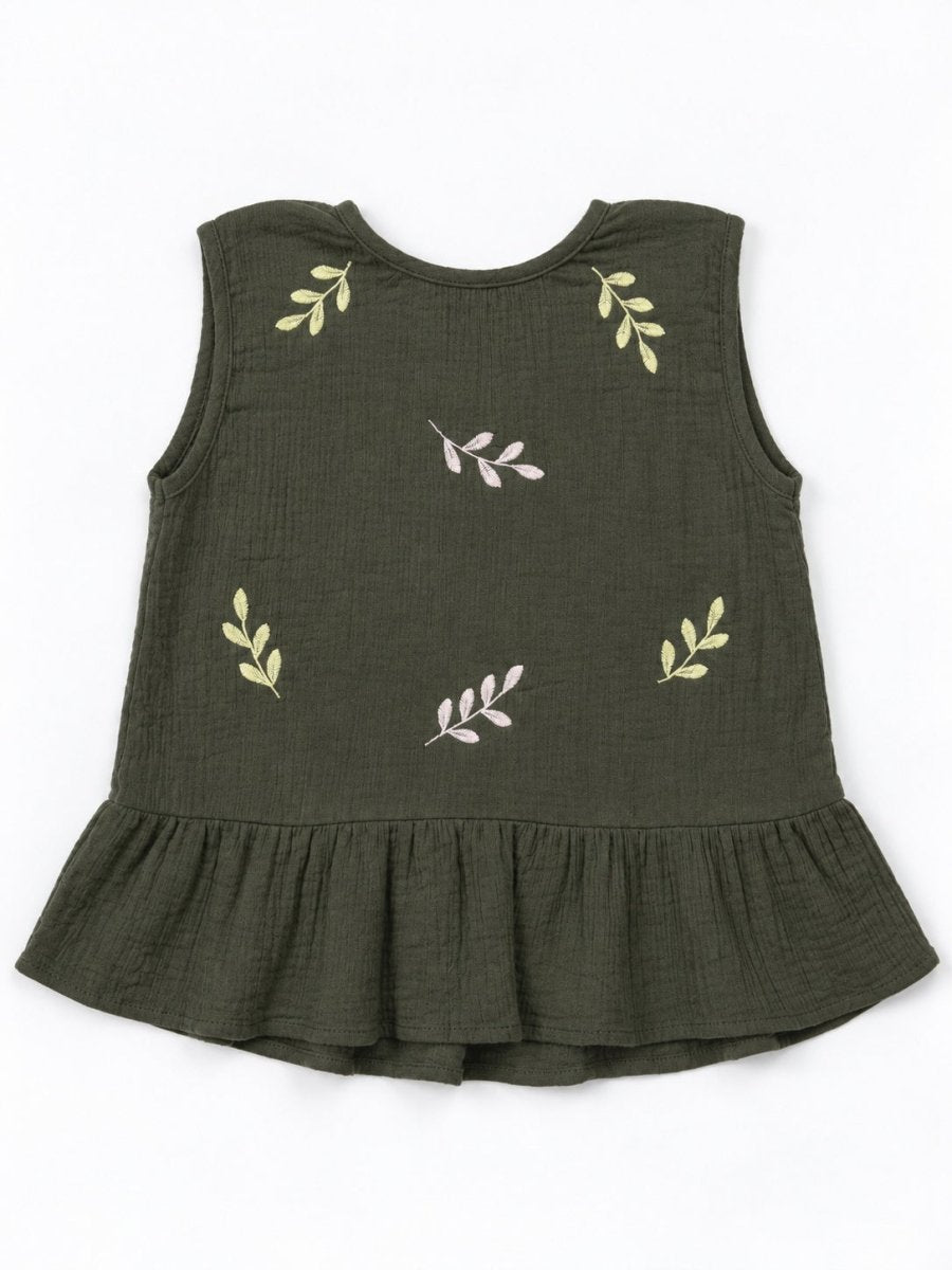 Girls Green Embroidered Cotton Muslin Top & Shorts set - Pogoloom