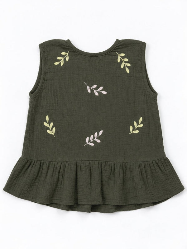 Girls Green Embroidered Cotton Muslin Top & Shorts set - Pogoloom
