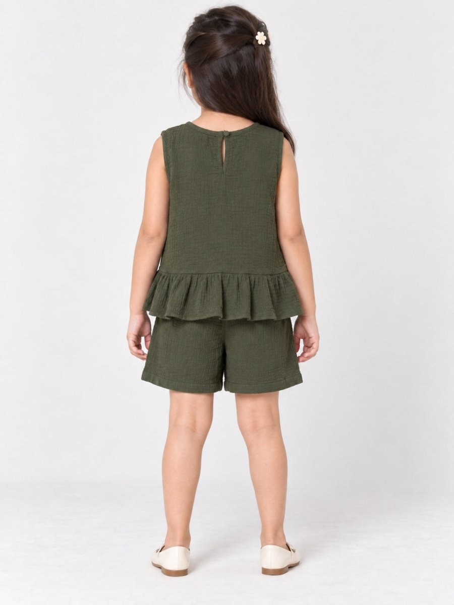 Girls Green Embroidered Cotton Muslin Top & Shorts set - Pogoloom
