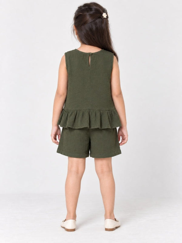Girls Green Embroidered Cotton Muslin Top & Shorts set - Pogoloom