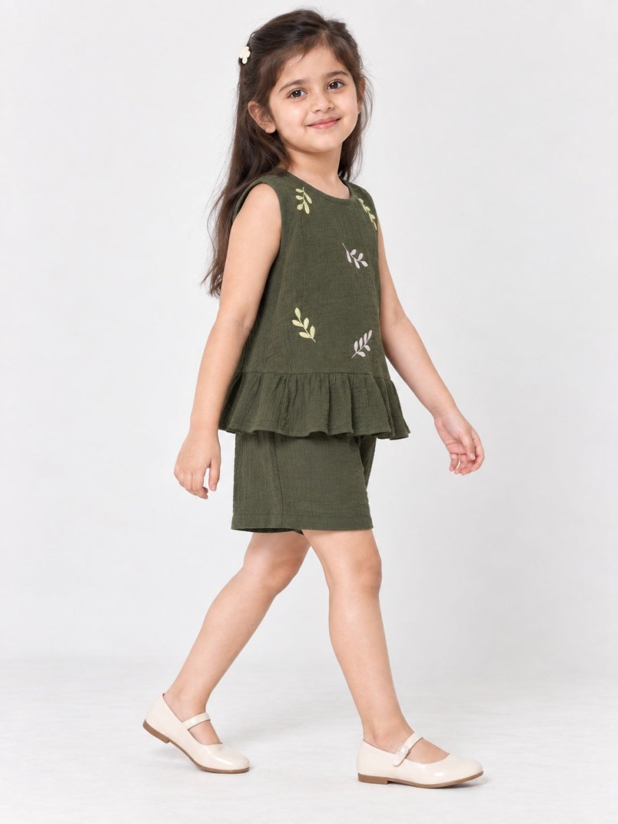 Girls Green Embroidered Cotton Muslin Top & Shorts set - Pogoloom