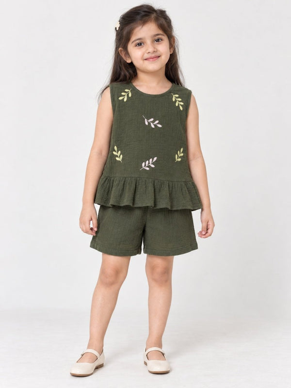 Girls Green Embroidered Cotton Muslin Top & Shorts set - Pogoloom