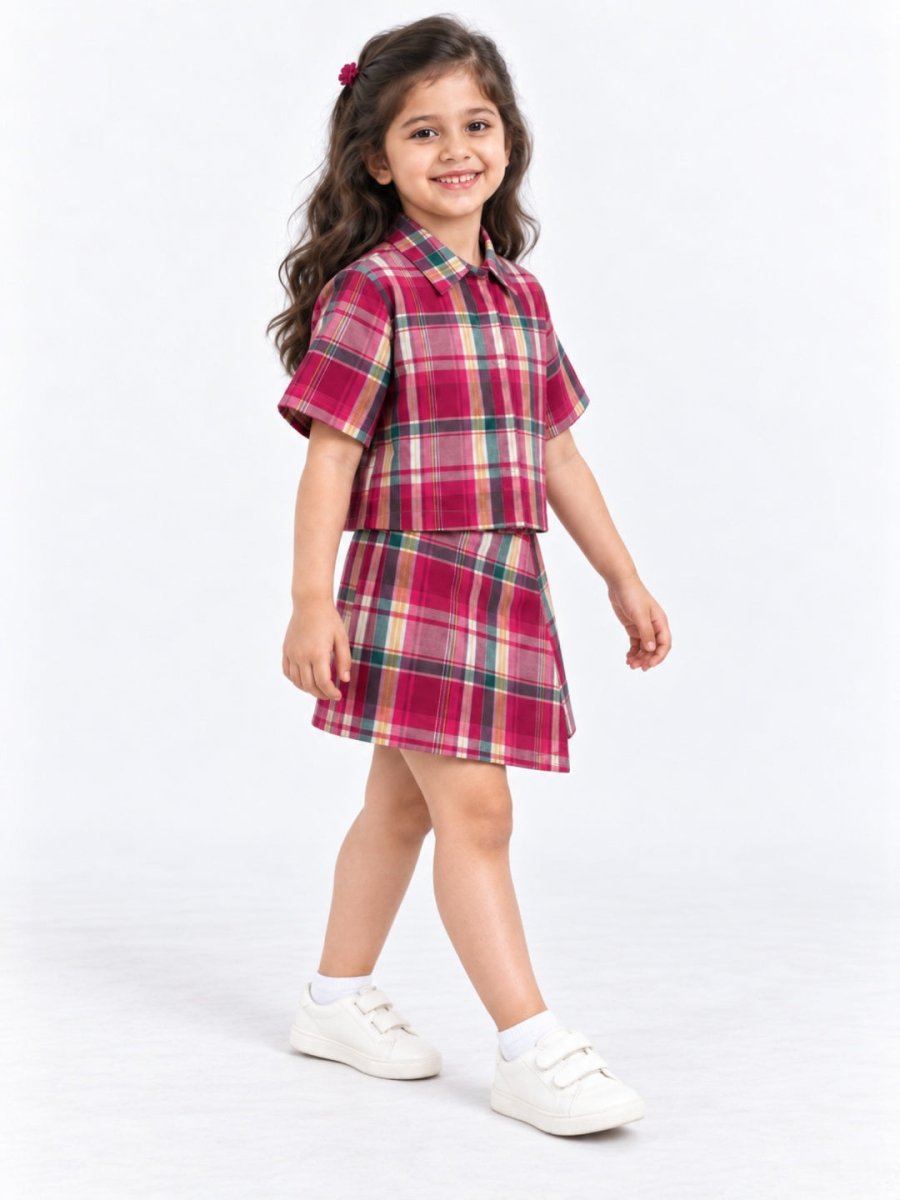 Girls Pink Checked Cotton Shirt & Skort Co-ord Set - Pogoloom