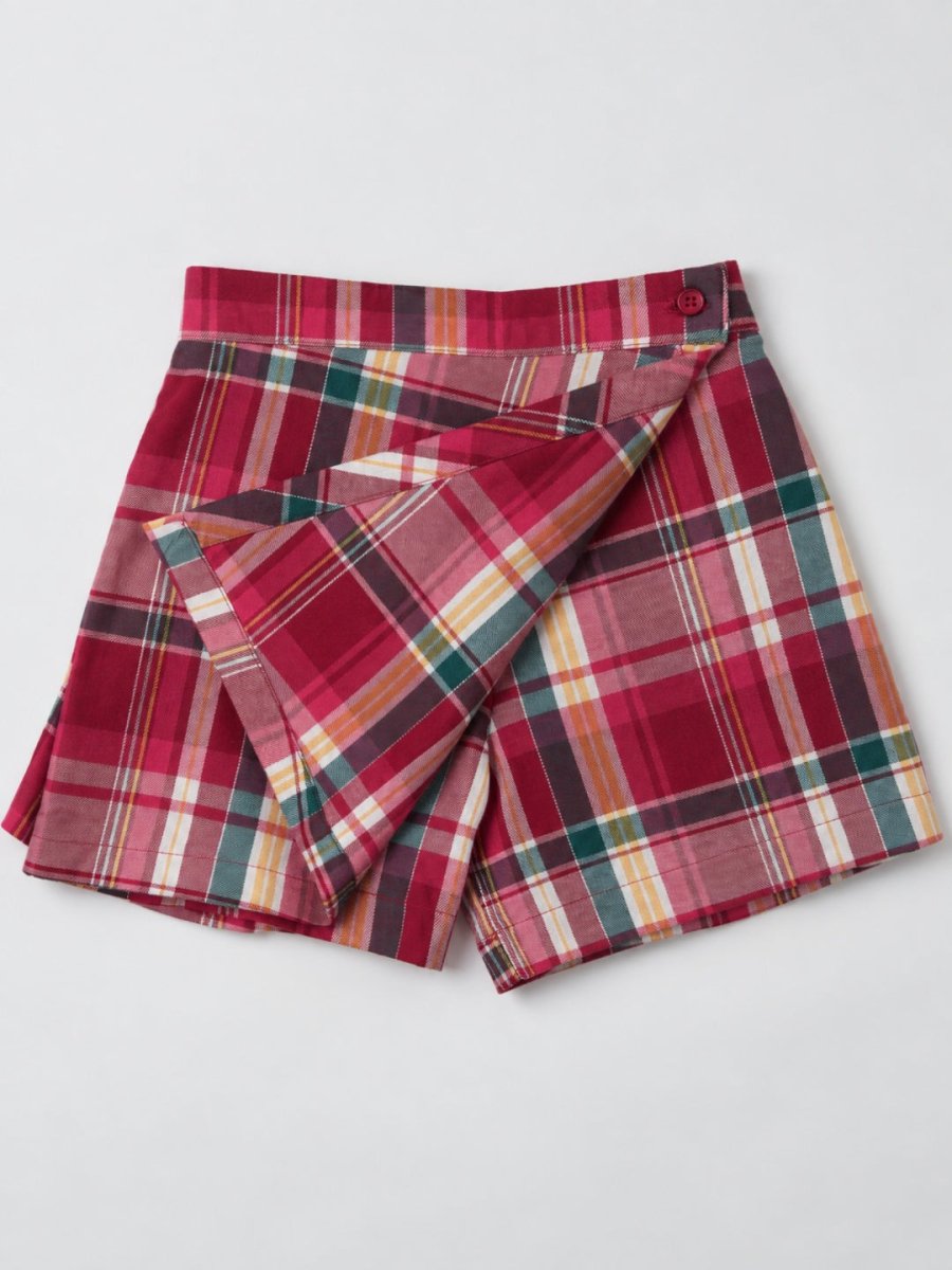 Girls Pink Checked Cotton Shirt & Skort Co-ord Set - Pogoloom