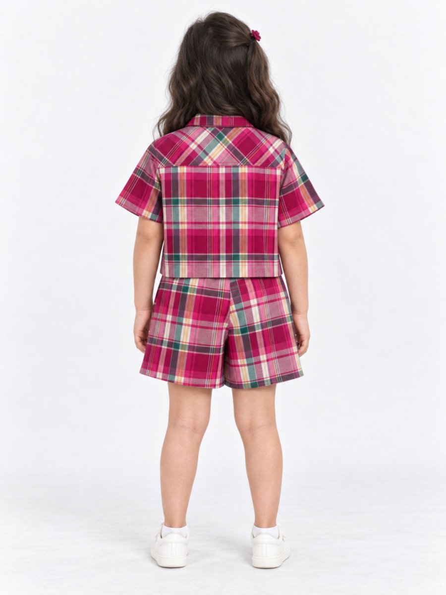 Girls Pink Checked Cotton Shirt & Skort Co-ord Set - Pogoloom