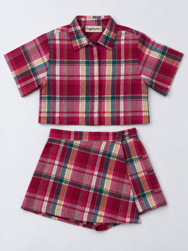 Girls Pink Checked Cotton Shirt & Skort Co-ord Set - Pogoloom