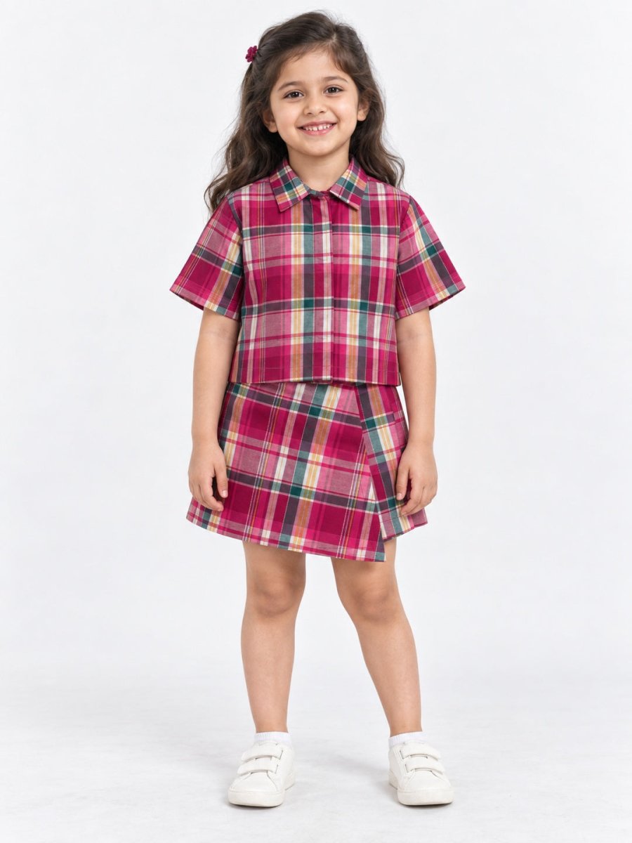 Girls Pink Checked Cotton Shirt & Skort Co-ord Set - Pogoloom