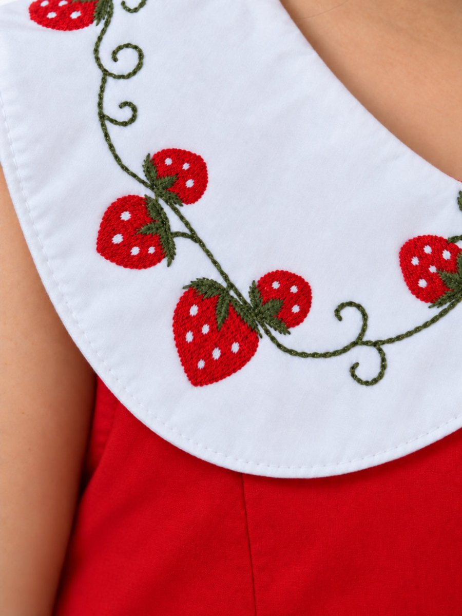 Girls Red Strawberry Embroidered Cotton Poplin Top & Shorts Set - Pogoloom