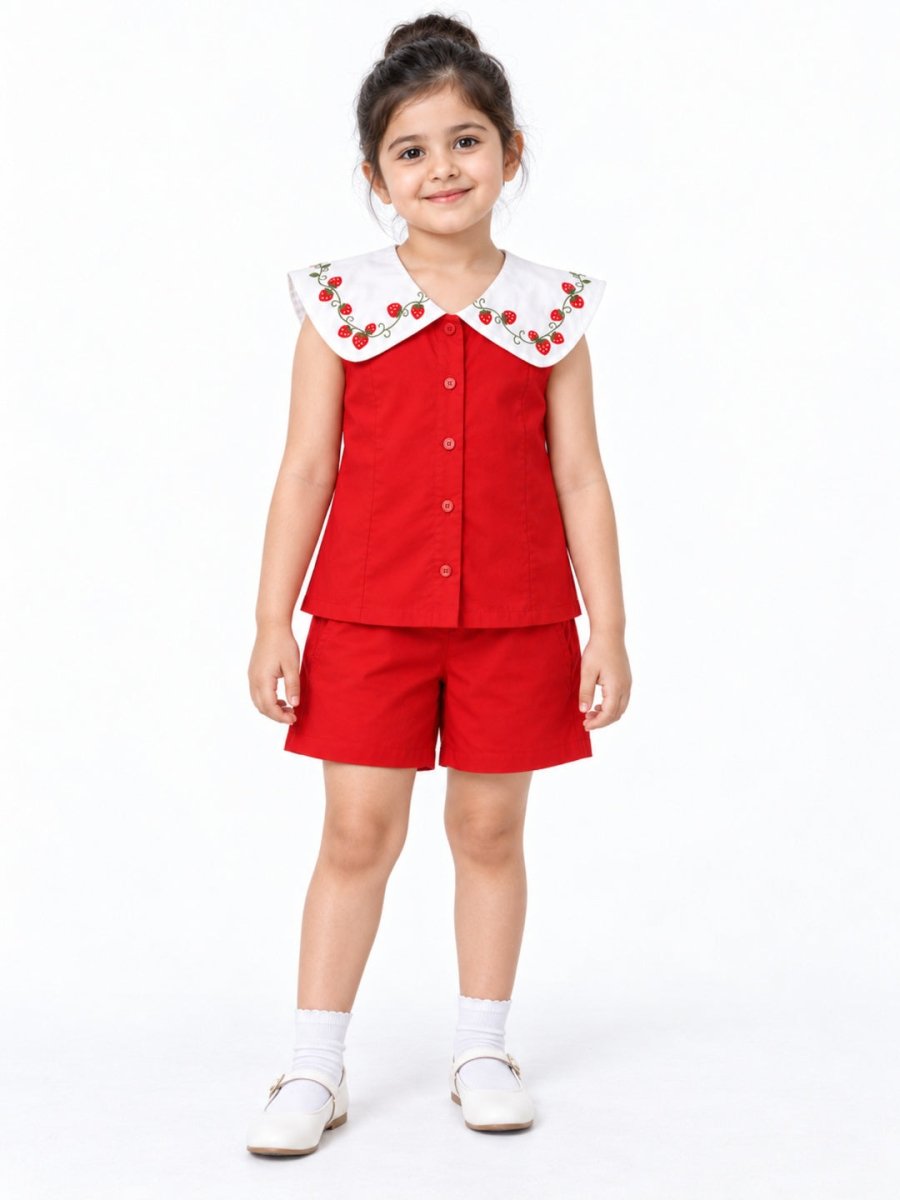 Girls Red Strawberry Embroidered Cotton Poplin Top & Shorts Set - Pogoloom