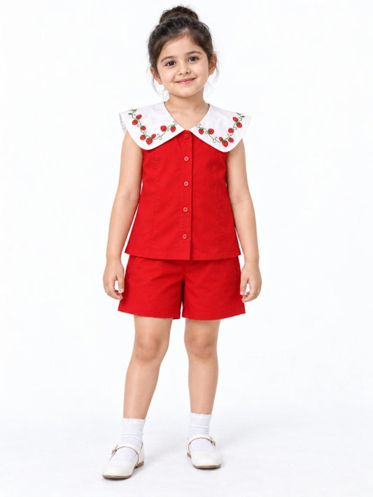 Girls Red Strawberry Embroidered Cotton Poplin Top & Shorts Set - Pogoloom