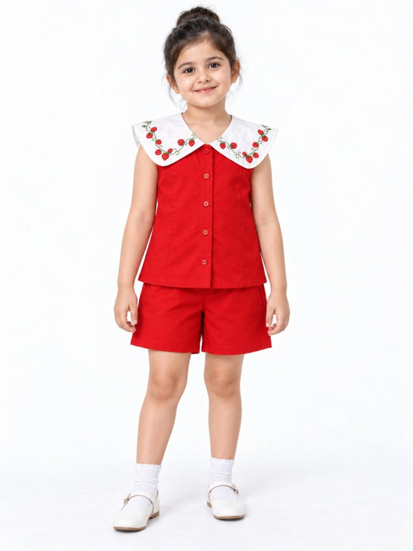 Girls Red Strawberry Embroidered Cotton Poplin Top & Shorts Set - Pogoloom