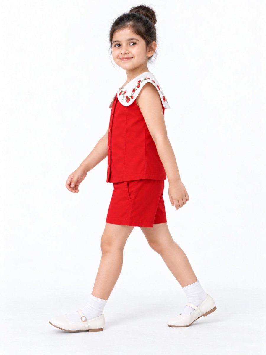 Girls Red Strawberry Embroidered Cotton Poplin Top & Shorts Set - Pogoloom