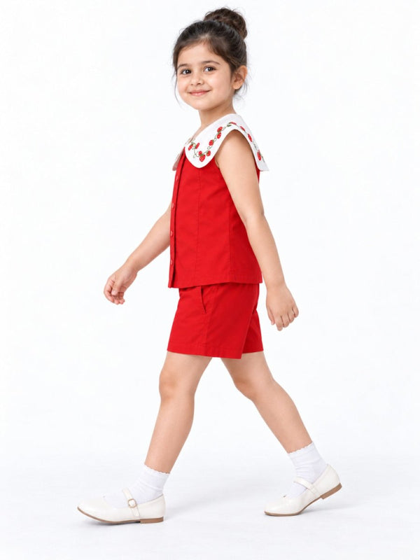 Girls Red Strawberry Embroidered Cotton Poplin Top & Shorts Set - Pogoloom